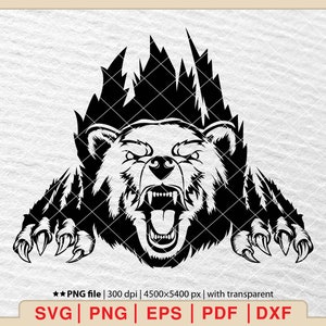 May include: A black and white illustration of a bear's head and claws emerging from a jagged, flame-like shape. The bear is roaring with its mouth open, showing sharp teeth.