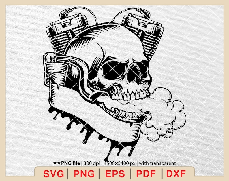 May include: Black and white illustration of a skull with a motorcycle engine on top, exhaling smoke. The skull is wearing a bandana and has a banner with a dripping effect.