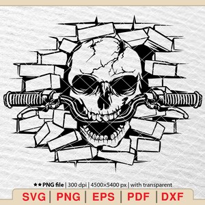 May include: A black and white illustration of a skull with a motorcycle handlebar coming out of its mouth. The skull is breaking through a brick wall.