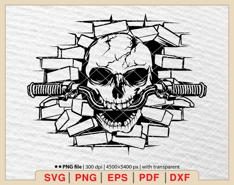 May include: A black and white illustration of a skull with a motorcycle handlebar coming out of its mouth. The skull is breaking through a brick wall.