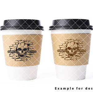 May include: Two brown paper coffee cups with black lids. Each cup has a design of a skull with a handlebar mustache breaking through a brick wall.