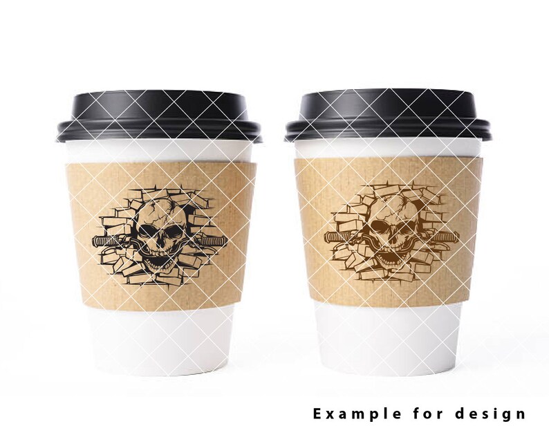May include: Two brown paper coffee cups with black lids. Each cup has a design of a skull with a handlebar mustache breaking through a brick wall.