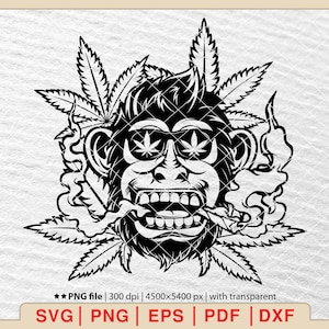 Puede incluir: Ilustración en blanco y negro de un mono con gafas de sol con un diseño de hoja de marihuana. El mono está fumando un porro y rodeado de hojas de marihuana.