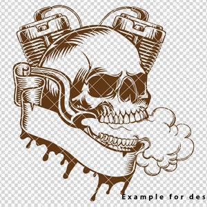 May include: A brown and white illustration of a skull with a motorcycle engine on each side. The skull is smoking from its mouth. The text "Example for design" is below the image.