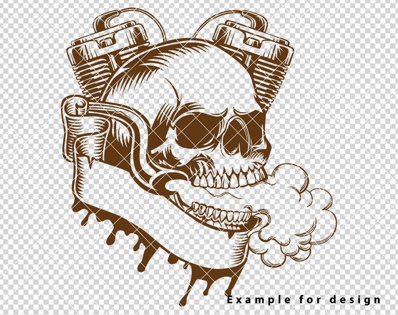 May include: A brown and white illustration of a skull with a motorcycle engine on each side. The skull is smoking from its mouth. The text "Example for design" is below the image.
