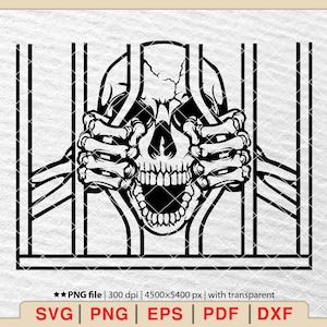 May include: A black and white illustration of a skull with its hands reaching out from behind bars.