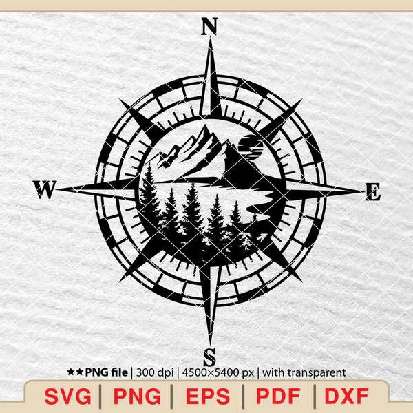 Compass and mountains Scene SVG, Compass and forest Svg, Nature Svg, Compass Svg, Adventure Awaits Svg, Nautical Compass Svg [EP-533]