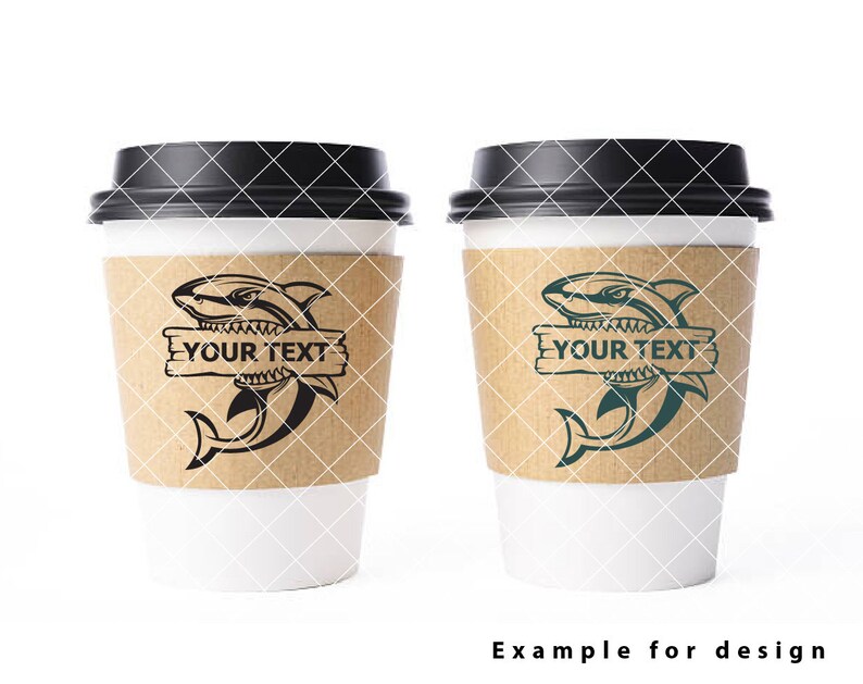 May include: Two white coffee cups with black lids. Each cup has a brown paper sleeve with a black and white shark graphic and the text "YOUR TEXT" on a wooden sign.