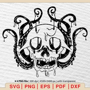 Puede incluir: Ilustración en blanco y negro de una calavera con tentáculos que gotean desde la parte superior. La calavera tiene una boca grande y abierta con dientes afilados.