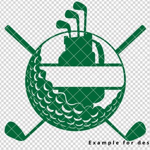 Puede incluir: Silueta verde de una bola de golf con una bolsa de golf y palos en la parte superior. Los palos est&aacute;n cruzados detr&aacute;s de la bola. El texto "Ejemplo para el dise&ntilde;o" est&aacute; debajo de la imagen.