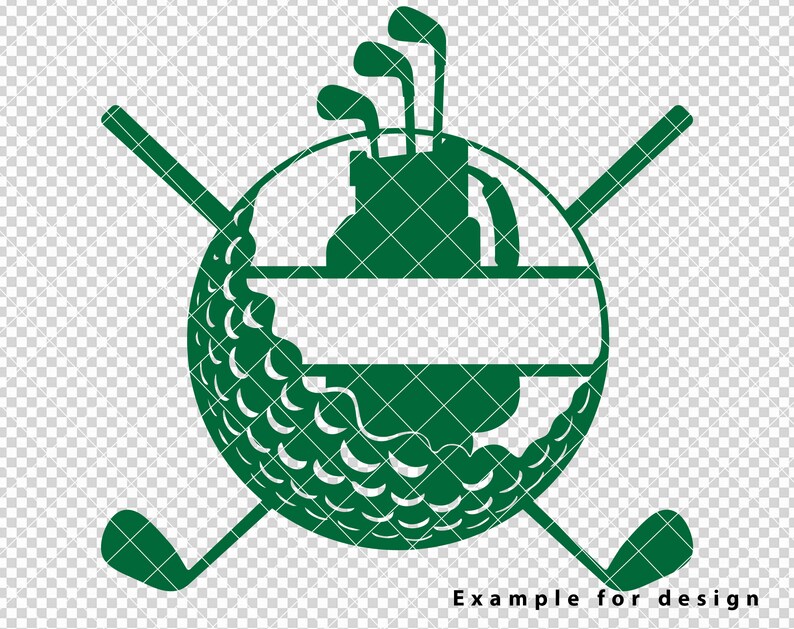 Puede incluir: Silueta verde de una bola de golf con una bolsa de golf y palos en la parte superior. Los palos est&aacute;n cruzados detr&aacute;s de la bola. El texto "Ejemplo para el dise&ntilde;o" est&aacute; debajo de la imagen.