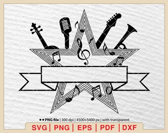 Rock Music Notes SVG: Musical Instruments Star Banner (Digital Files)