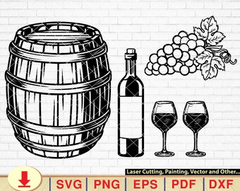 Wooden barrels Svg, Winemaking Svg, Wine Barrel Svg, Barrel Svg, Wine Svg, Wine Glass Svg, Wine Bottle Svg, Wine Set Silhouette [EP-490]