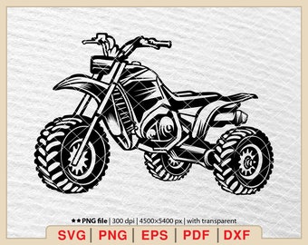 May include: Black and white silhouette of a three-wheeled ATV with knobby tires.