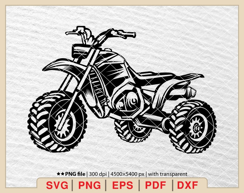Może przedstawiać: Czarno-biała sylwetka tr&oacute;jkołowego ATV z oponami terenowymi.