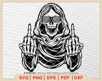 Grim Reaper Middle Finger SVG: Skull Scythe Halloween Clipart (file digitali)