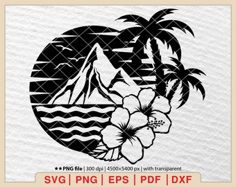 Sunset Beach Scene SVG: Palm Tree, Tropical Design (Digital Files)