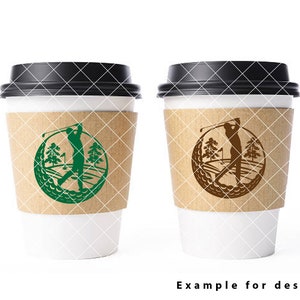 May include: Two white coffee cups with brown paper sleeves. Each sleeve has a green or brown silhouette of a golfer swinging a club inside a circle that looks like a golf ball. The text "Example for design" is below the cups.