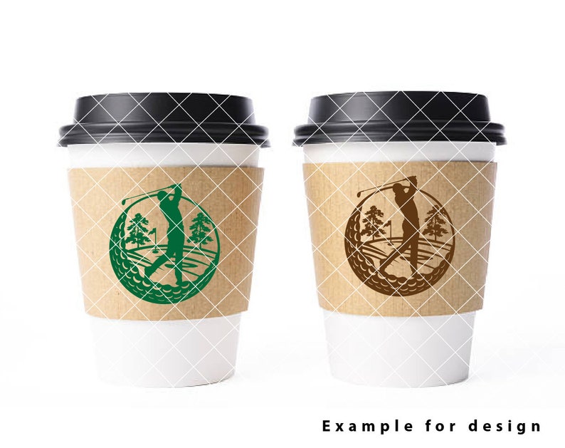 May include: Two white coffee cups with brown paper sleeves. Each sleeve has a green or brown silhouette of a golfer swinging a club inside a circle that looks like a golf ball. The text "Example for design" is below the cups.