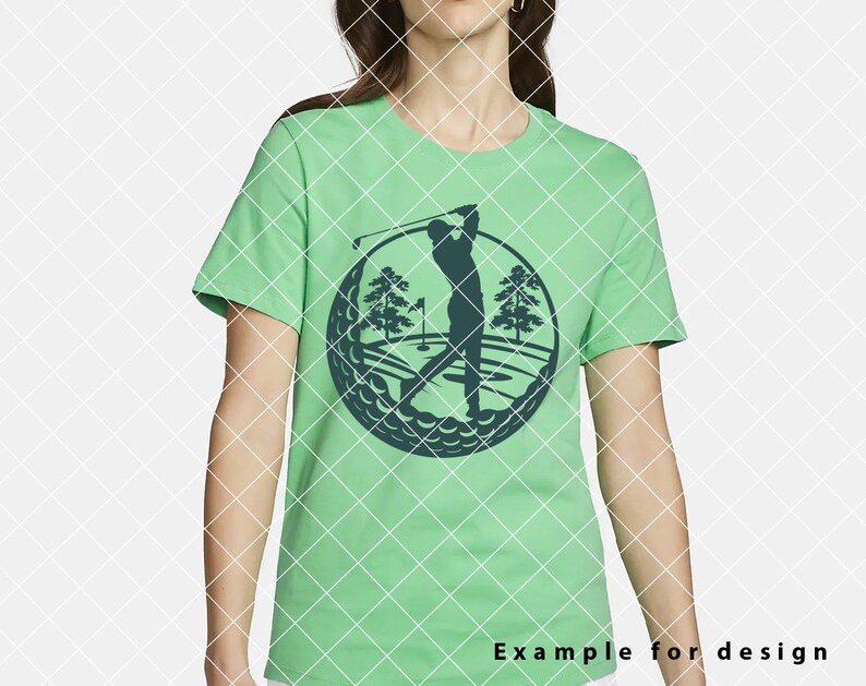 May include: A green t-shirt with a dark blue silhouette of a golfer swinging a club on a golf course. The golfer is in the center of a circle made of golf balls.