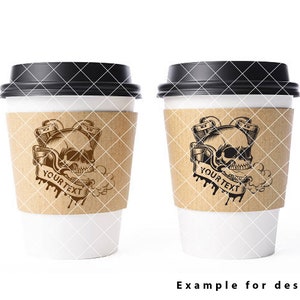 May include: Two white coffee cups with black lids and brown paper sleeves. The sleeves feature a black and white illustration of a skull with a motorcycle engine and the text "YOUR TEXT".