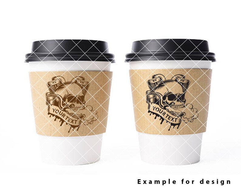 May include: Two white coffee cups with black lids and brown paper sleeves. The sleeves feature a black and white illustration of a skull with a motorcycle engine and the text "YOUR TEXT".