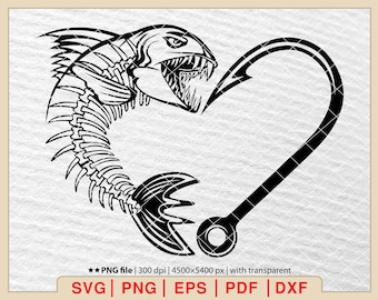 Scheletro di piranha e amo da pesca SVG: Clipart di pesca (download digitale)