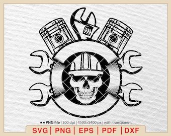 Skull Mechanic SVG: Logo di chiavi inglesi e strumenti di riparazione (file digitali)