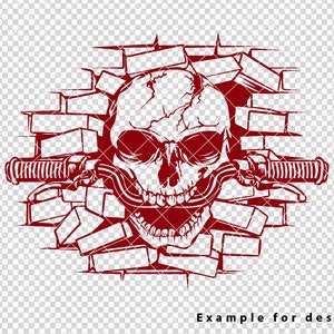 May include: A red skull with a cracked surface is breaking through a brick wall. The skull is holding a motorcycle handlebar in its mouth.  The image is an example for design.