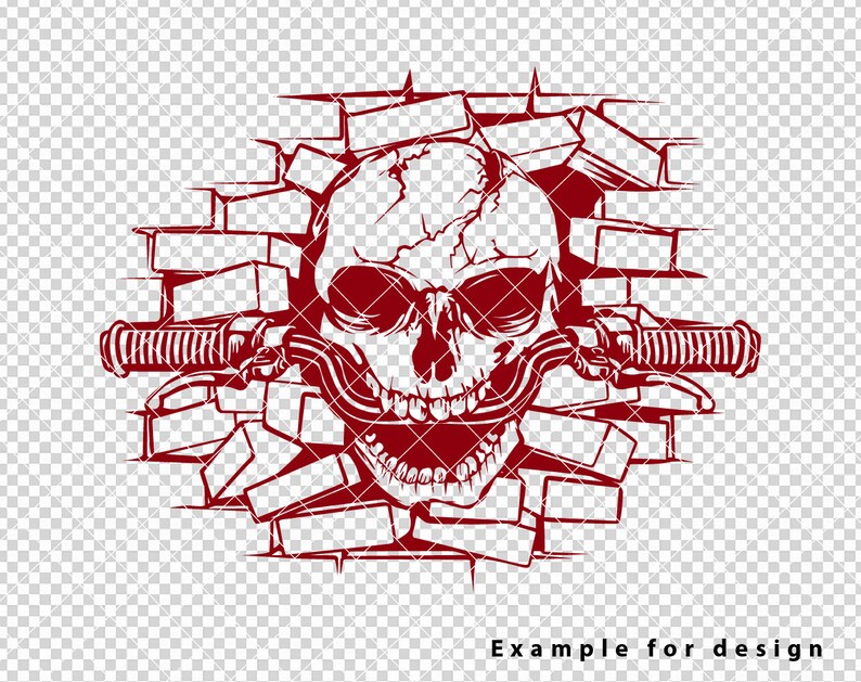 May include: A red skull with a cracked surface is breaking through a brick wall. The skull is holding a motorcycle handlebar in its mouth.  The image is an example for design.