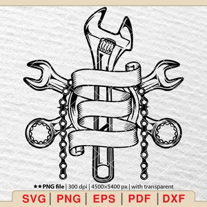 May include: Black and white illustration of a wrench, two adjustable wrenches, and a chain wrapped around a banner. The banner is blank and ready for text.