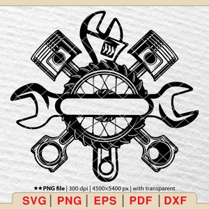 Może przedstawiać: Czarno-biała sylwetka klucza, tłoka i opony z pustym miejscem na tekst. Projekt jest idealny dla mechanika, miłośnika samochodów lub każdego, kto kocha samochody.