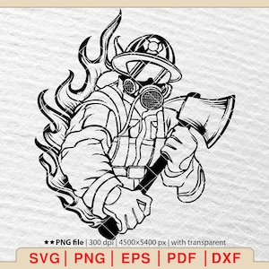 Puede incluir: Ilustración en blanco y negro de un bombero con casco y máscara de gas, sosteniendo un hacha. El bombero está de pie frente a una gran llama.