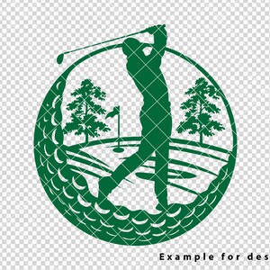 May include: Green silhouette of a golfer swinging a club on a golf course, surrounded by a golf ball texture. The golfer is in the middle of their swing, with their club raised high in the air. There are two trees on either side of the golfer, and a flag in the background.