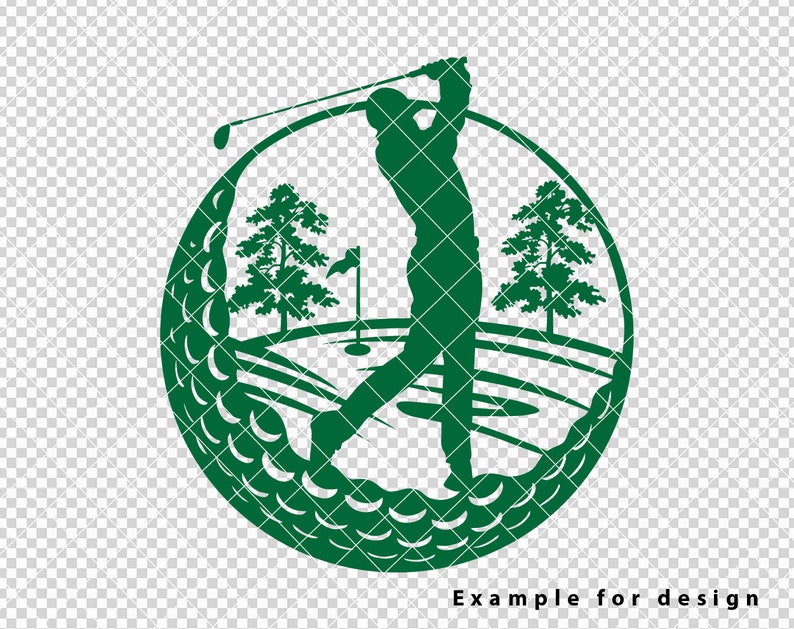 May include: Green silhouette of a golfer swinging a club on a golf course, surrounded by a golf ball texture. The golfer is in the middle of their swing, with their club raised high in the air. There are two trees on either side of the golfer, and a flag in the background.