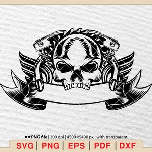 May include: Black and white illustration of a skull with wings and a banner. The skull is surrounded by two motorcycle engine parts. The banner is blank.