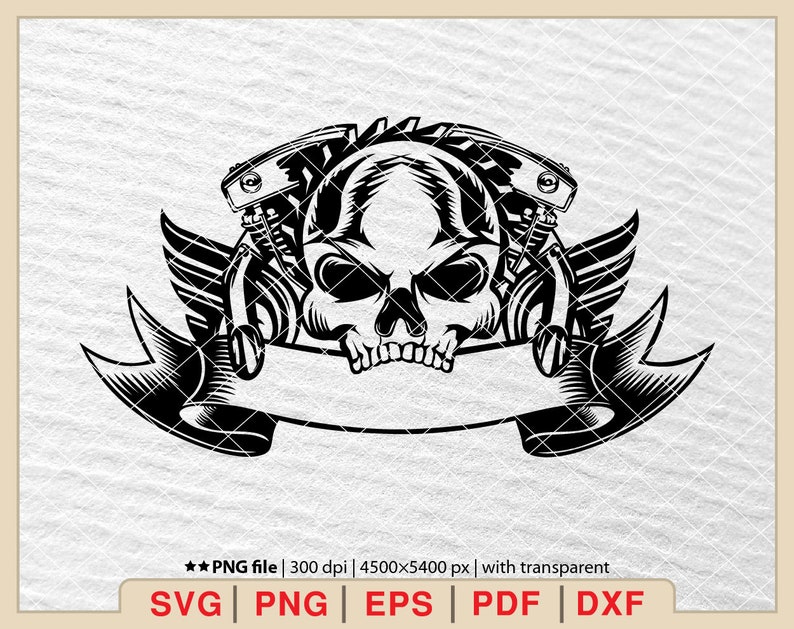 May include: Black and white illustration of a skull with wings and a banner. The skull is surrounded by two motorcycle engine parts. The banner is blank.