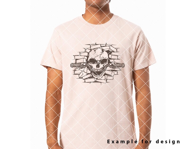 May include: A white t-shirt with a black and white graphic of a skull breaking through a brick wall. The skull has a handlebar mustache and is holding a handlebar.