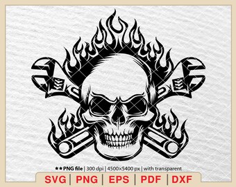 Flaming Mechanic Skull SVG: Repair Tools Graphic (Digital Files)