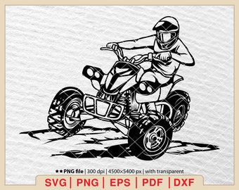 May include: Black and white silhouette of a person riding an ATV. The person is wearing a helmet and goggles. The ATV is on a dirt track.