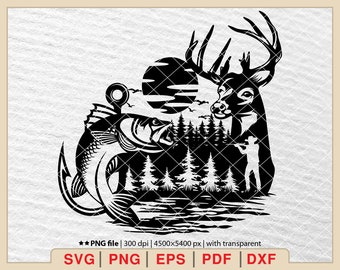 Herten jagen en vissen landschap SVG: outdoor jagersshirt (digitale bestanden)