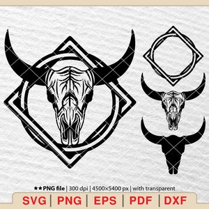 Logo de crâne de taureau SVG, Wild West SVG, crâne de vache SVG, logo de cowboy SVG, Western SVG, tête de crâne de Longhorn SVG, vecteur de crâne de taureau [EP-159]