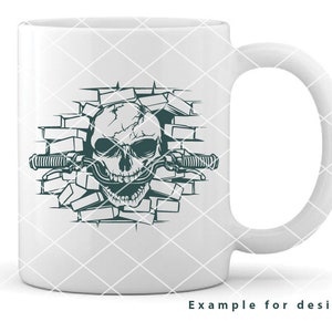 May include: White ceramic mug with a graphic of a skull breaking through a brick wall. The skull is wearing a motorcycle helmet and has a handlebar coming out of its mouth.