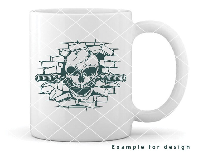 May include: White ceramic mug with a graphic of a skull breaking through a brick wall. The skull is wearing a motorcycle helmet and has a handlebar coming out of its mouth.