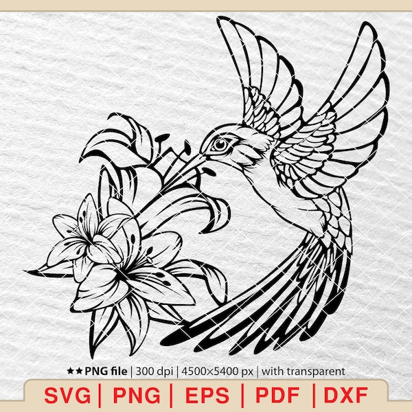 Colibri fleurs svg, svg colibri, oiseau svg, vecteur colibri, svg colibri floral, fichier pour cricuts Svg, Png, Eps, Dxf, Pdf [EP-35]