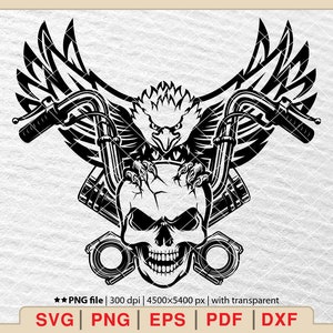 May include: Black and white vector illustration of a skull with an eagle perched on top. The eagle has its wings spread out and is holding onto the handlebars of a motorcycle. The motorcycle has two pistons on either side of the skull.