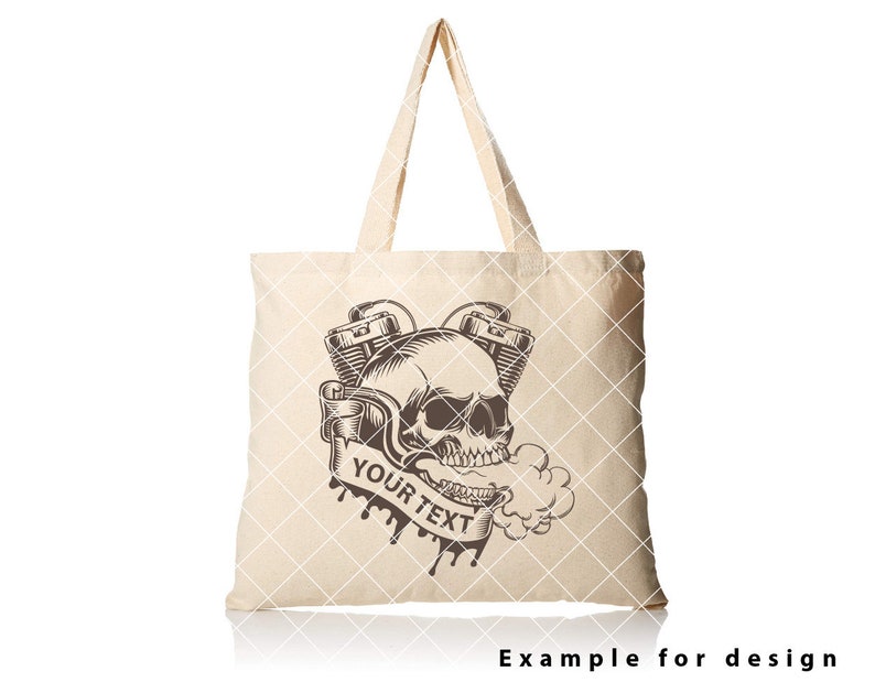 May include: A beige tote bag featuring a black and white illustration of a skull with a motorcycle engine. The text "YOUR TEXT" is on a banner below the skull.