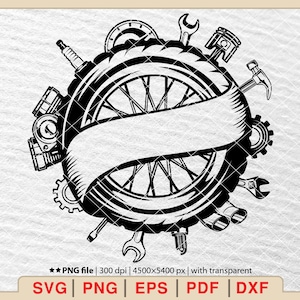 May include: Black and white illustration of a tire with various automotive parts surrounding it, including a wrench, a hammer, a spark plug, and a gear. The tire has a blank banner wrapped around it.