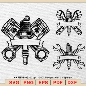 May include: Black and white illustration of three different automotive repair logos. The first logo features crossed pistons and a spark plug with a banner. The second logo features crossed wrenches and a spark plug with a banner. The third logo features crossed wrenches and a spark plug with a banner.