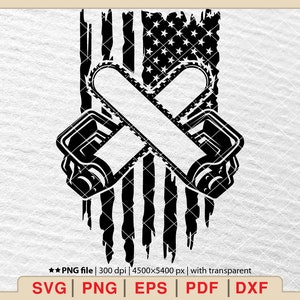 May include: Black and white silhouette of two crossed chainsaws in front of a distressed American flag.